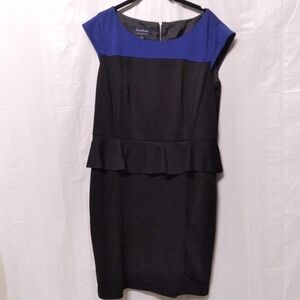 🦋 Evan Picone Sheath Suit Dress Black & Blue Peplum Career Chic Colorblock  12